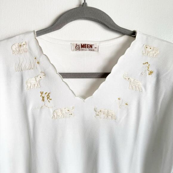 Vintage Meen Embroidered Animal Safari Neckline Classic White Tee T-Shirt M - Picture 2 of 10